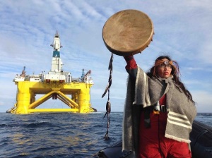 You Shell not pass: First Nations activist and singer Audrey Siegl confronts the oil giant’s drilling rig on its way to the Arctic. © Emily Hunter / Greenpeace